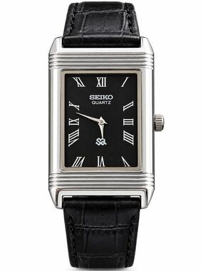 Vintage Seiko Reverso Frame Tank Watch Black Dial Silver Bezel